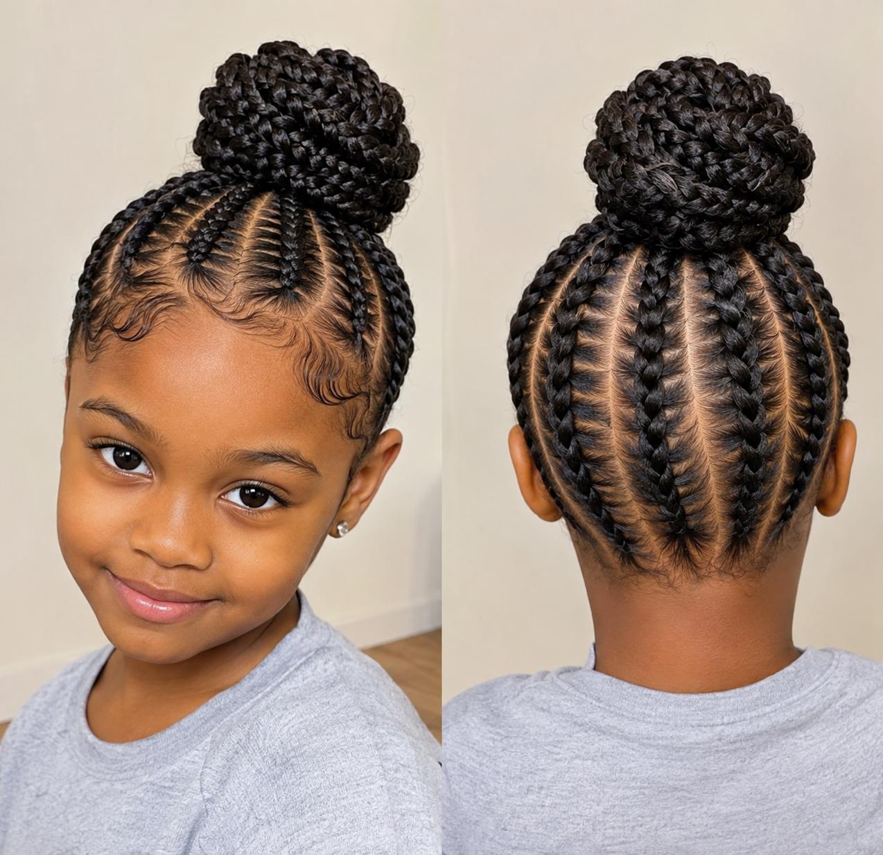 Chignon tressé pour enfant avec raies soignées et baby hairs