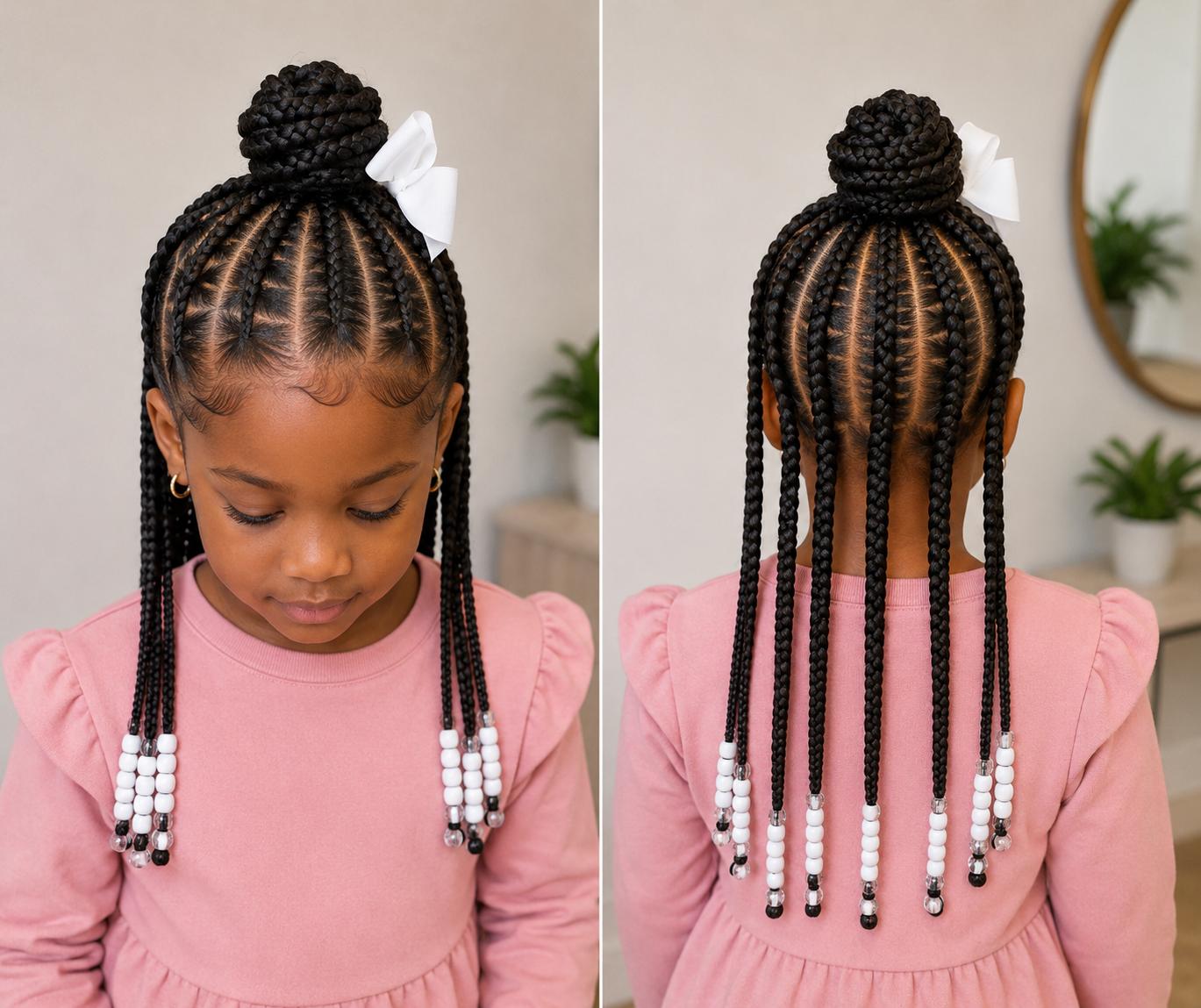 Tresses plaquées avec petit chignon, nattes longues et perles blanches