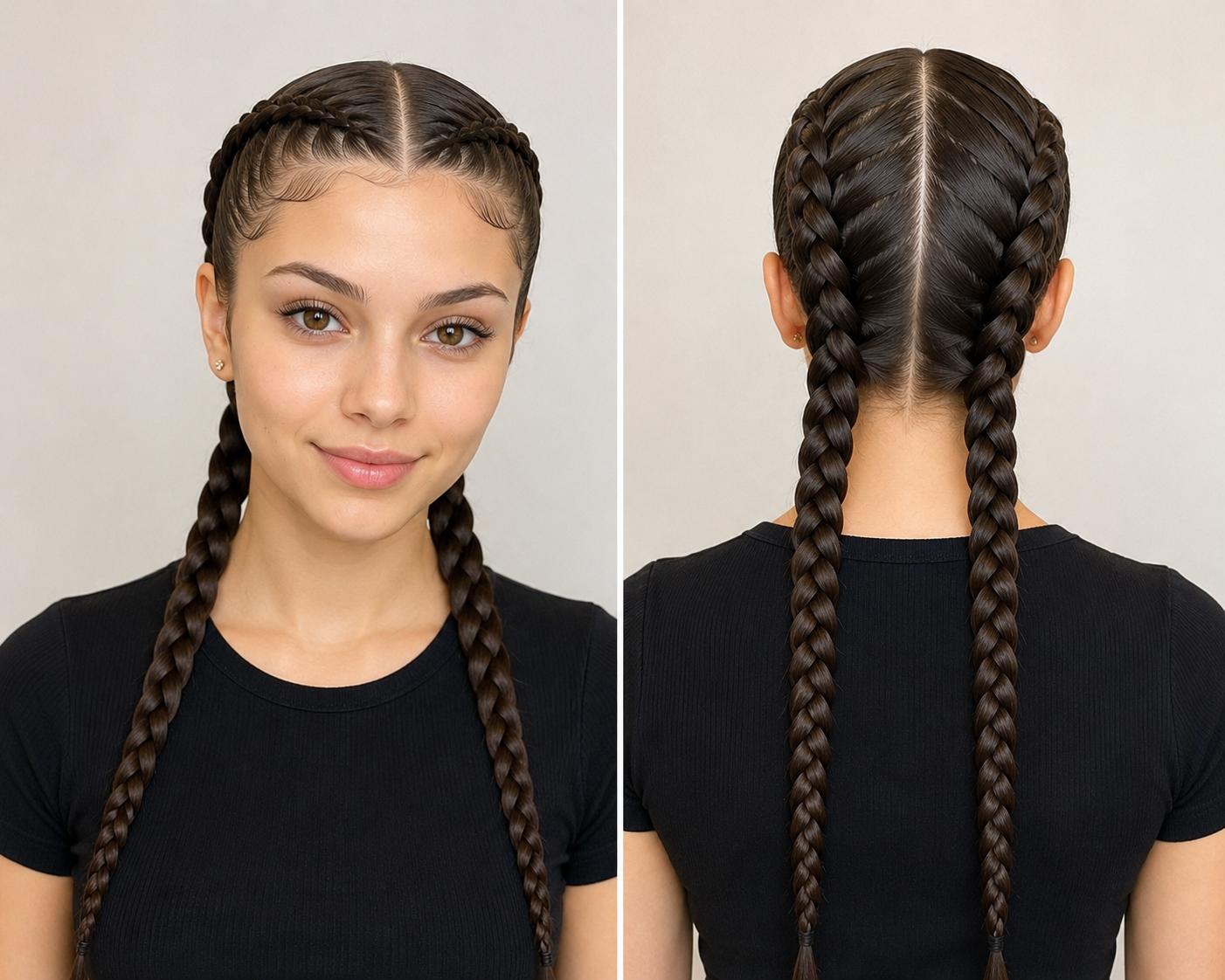 Coiffure protectrice composée de deux longues tresses classiques