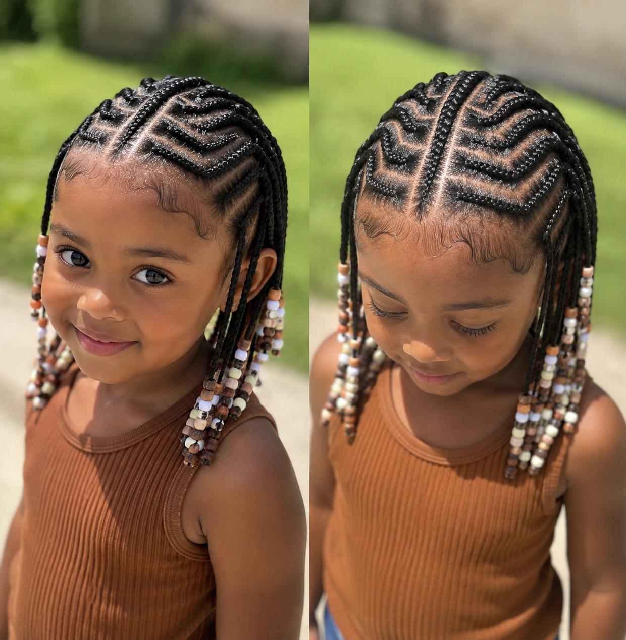 Tresses graphiques pour enfant avec motifs en chevrons et perles naturelles