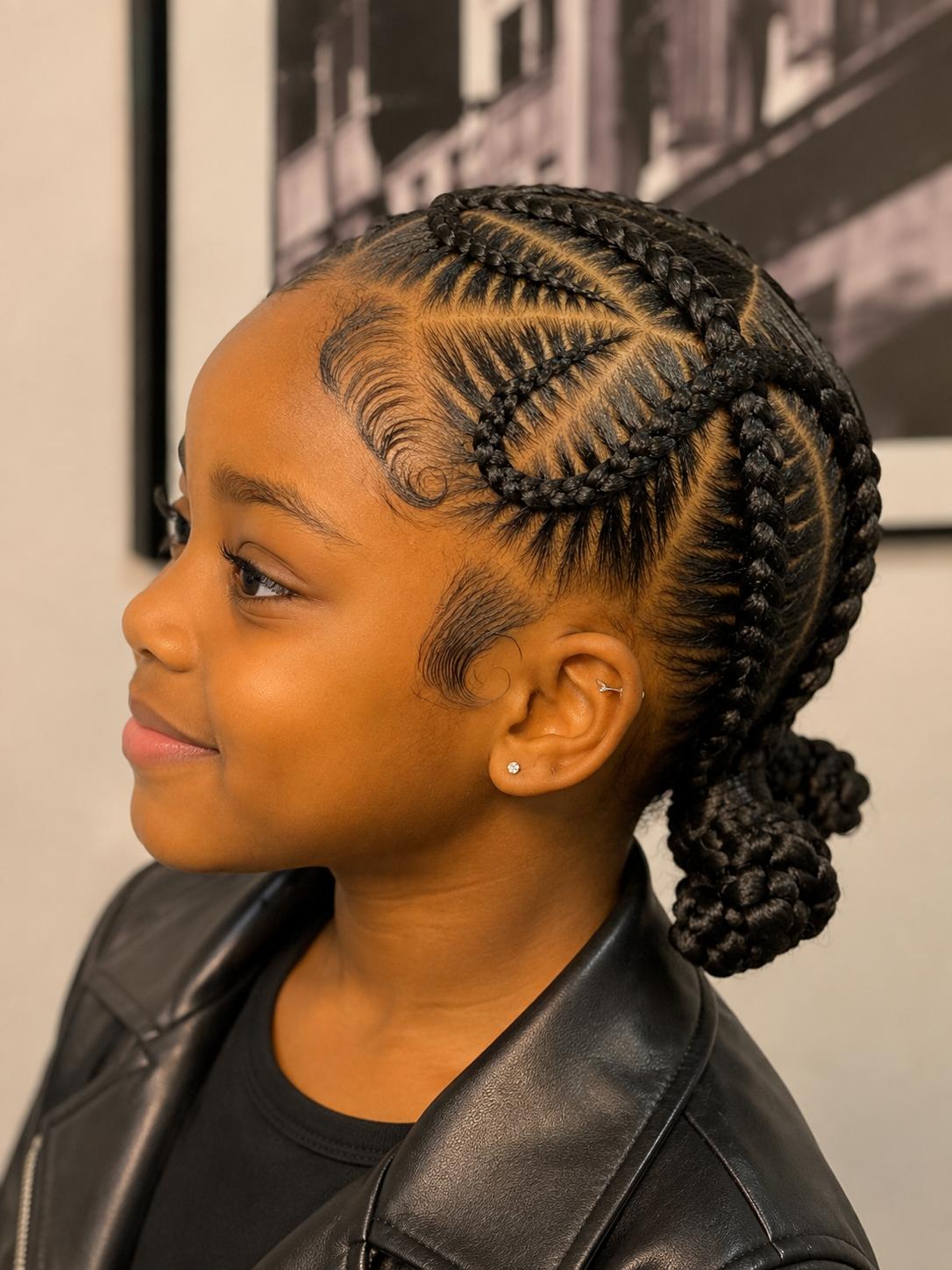 Tresses plaquées en lignes courbes avec deux petits chignons bas