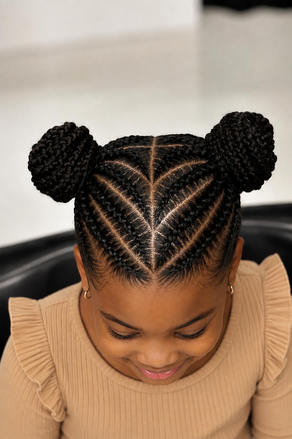 Tresses plaquées en chevrons avec deux chignons tressés latéraux