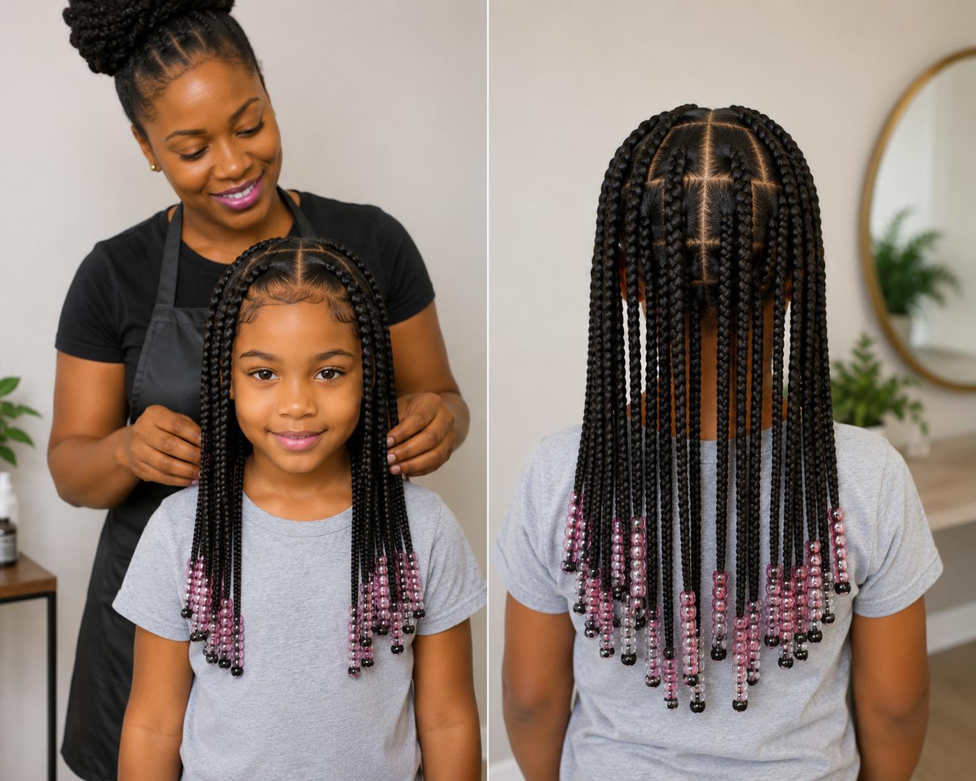 Longues tresses carrées pour enfant ornées de perles roses, vues de face et de dos