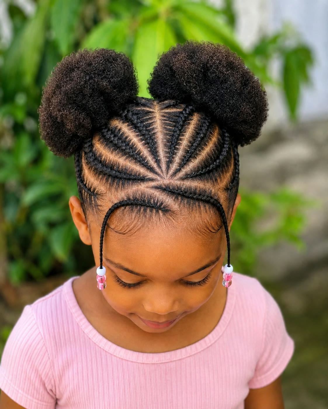 Deux boules afro pour enfant avec tresses graphiques et perles roses