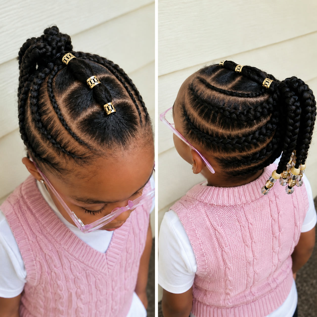 Coiffure enfant vue de dessus et de dos avec tresses courbes, queue-de-cheval et ornements dorés