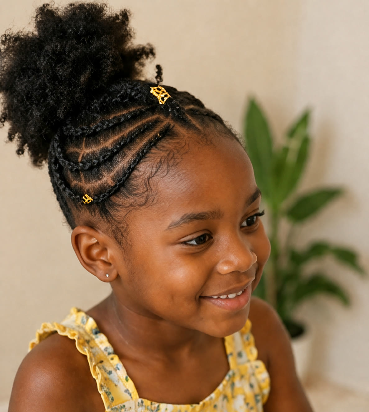 Puff naturel haut pour enfant avec fines tresses plaquées et bijoux dorés