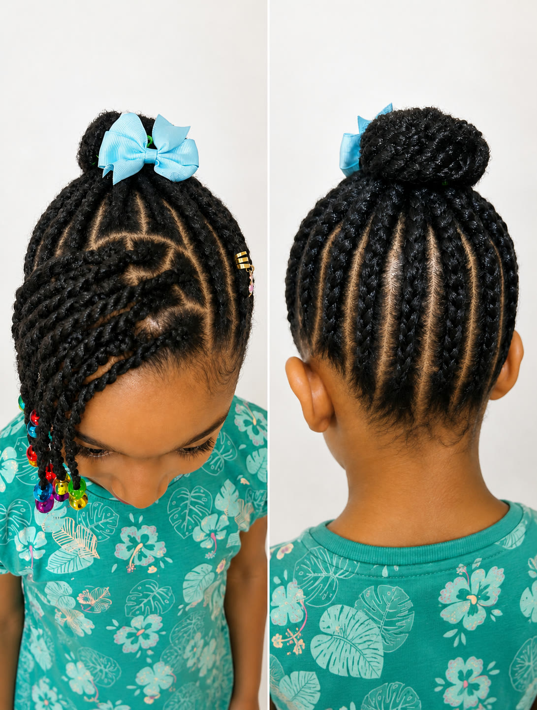 Chignon tressé pour enfant avec nattes latérales, perles colorées et nœud bleu