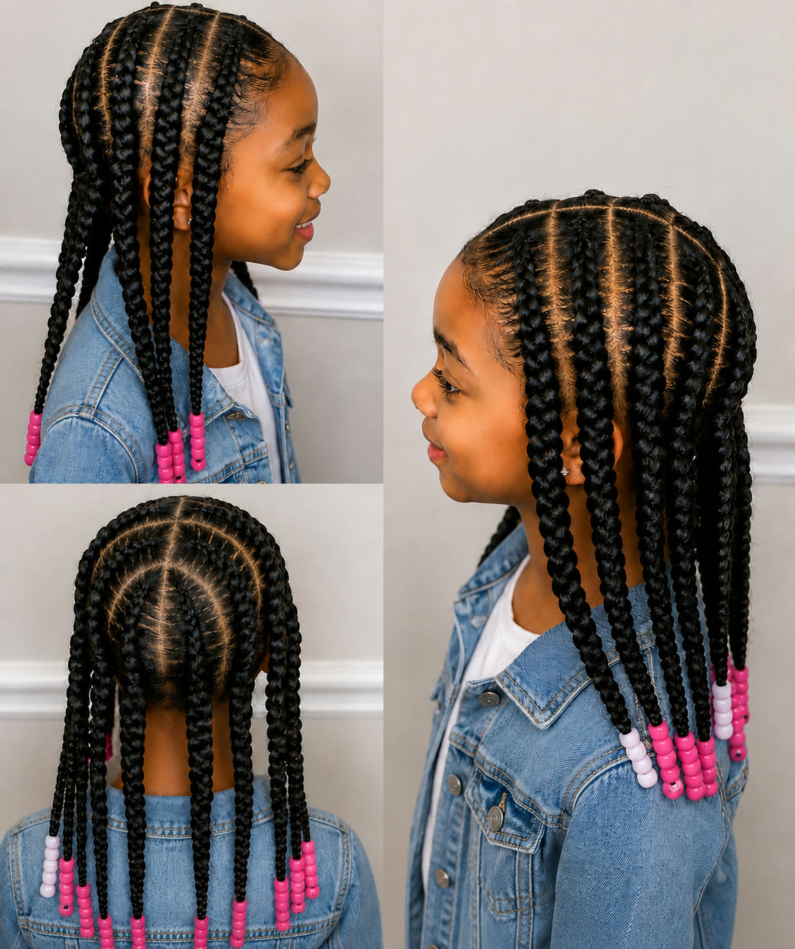 Longues tresses carrées pour enfant ornées de perles roses et blanches