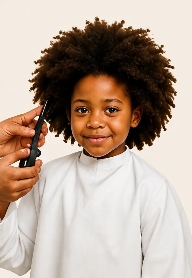 Enfant aux cheveux afro naturels pendant le démêlage