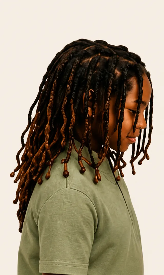 Enfant de profil avec de longues locks ornées de perles